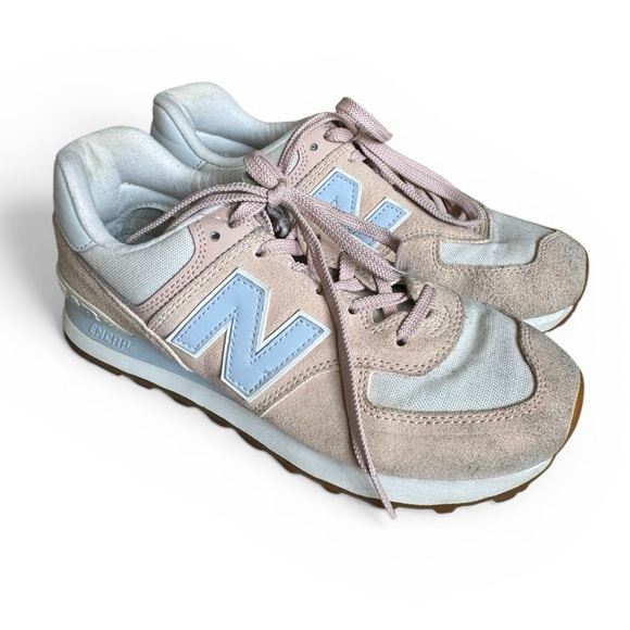 New Balance 574 Sneakers Running Shoes Blush Pink Beige Light Blue WL574 Size 8 - Picture 3 of 10